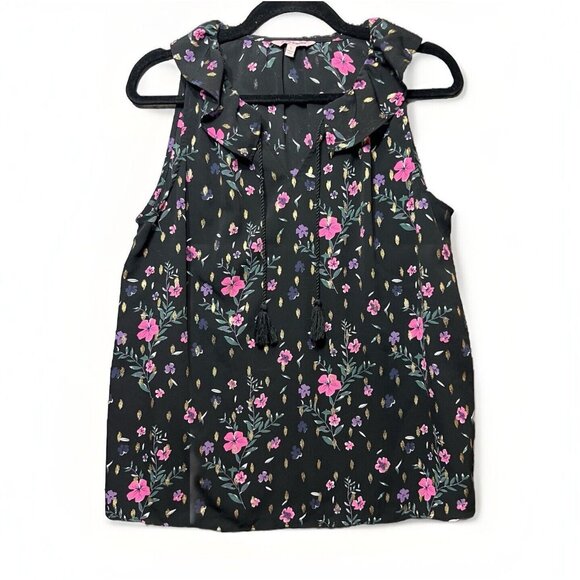 Juicy Couture Tops - Juicy Couture Top Large Sleeveless Black Floral V Neck Ruffle‎ Collar Lined